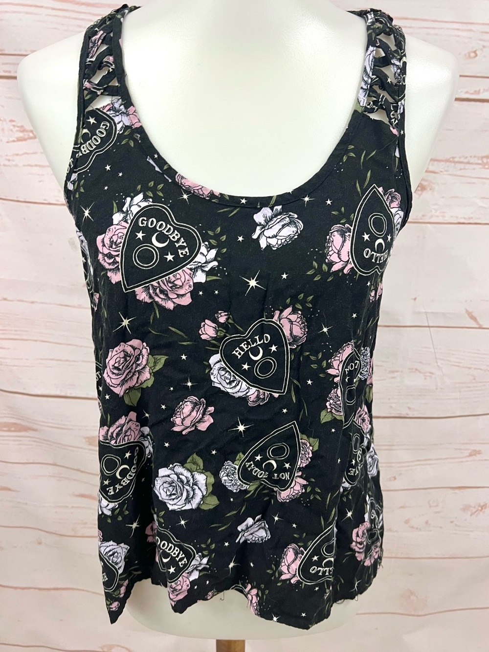 Hot Topic Goth Floral Ouija Board Planchette Strappy Back Woven Tank Top